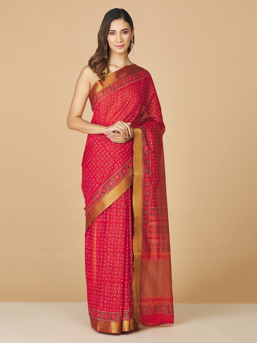 

Fabindia Floral Printed Zari Pure Cotton Saree, Red