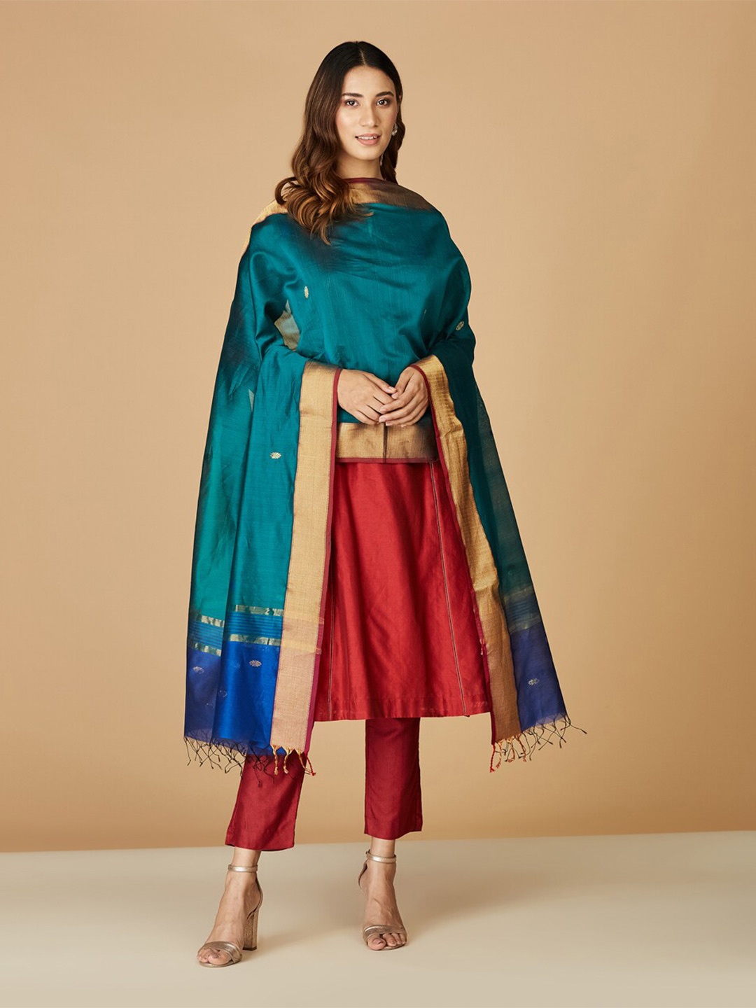 

Fabindia Ethnic Motifs Woven Design Dupatta with Zari, Blue