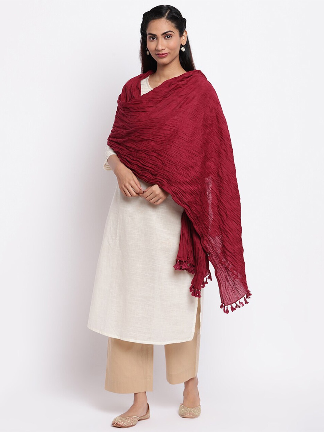 

Fabindia Tasselled Border Cotton Dupatta, Maroon