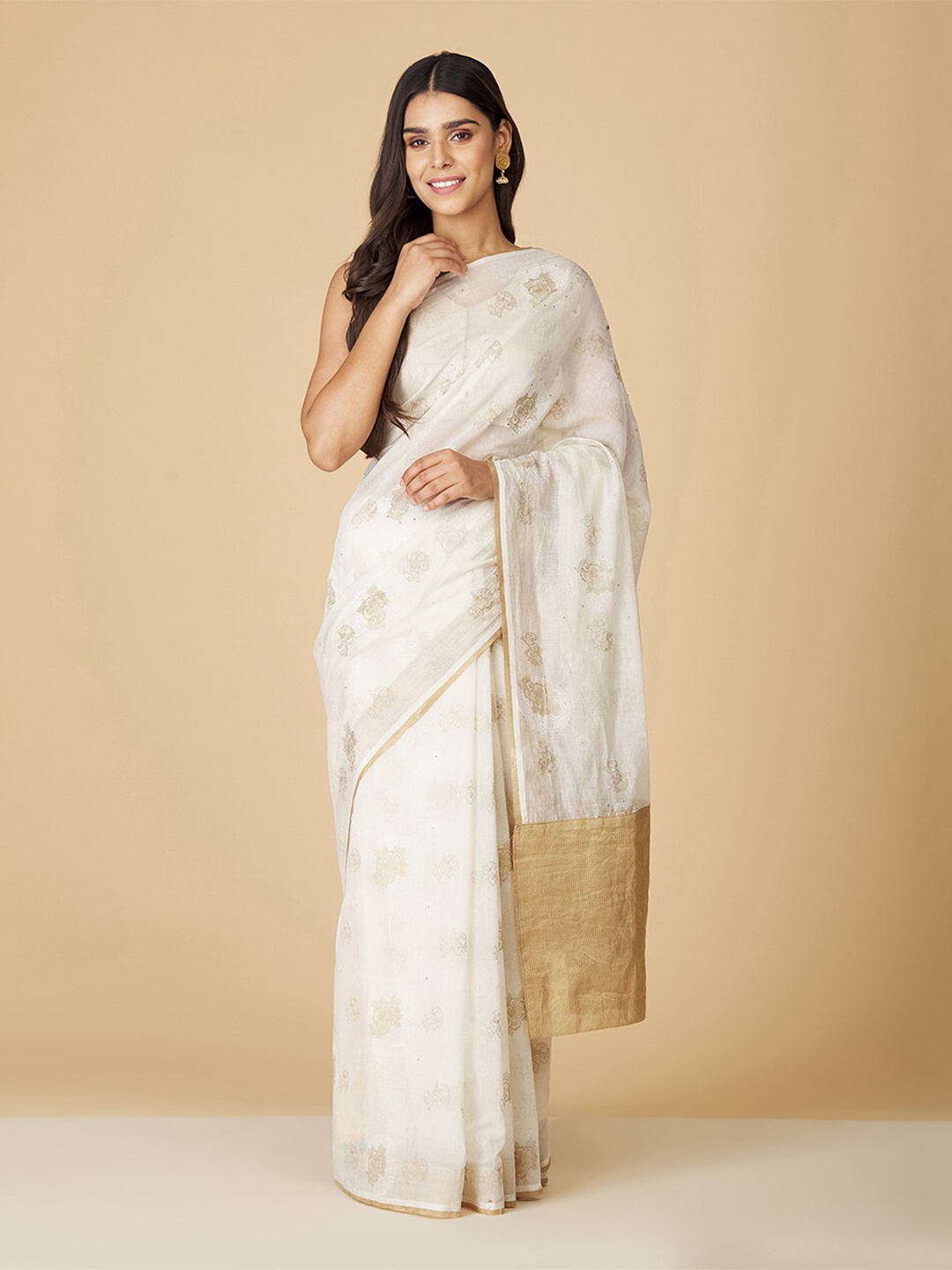 

Fabindia Ethnic Motifs Printed Zari Silk Cotton Saree, White
