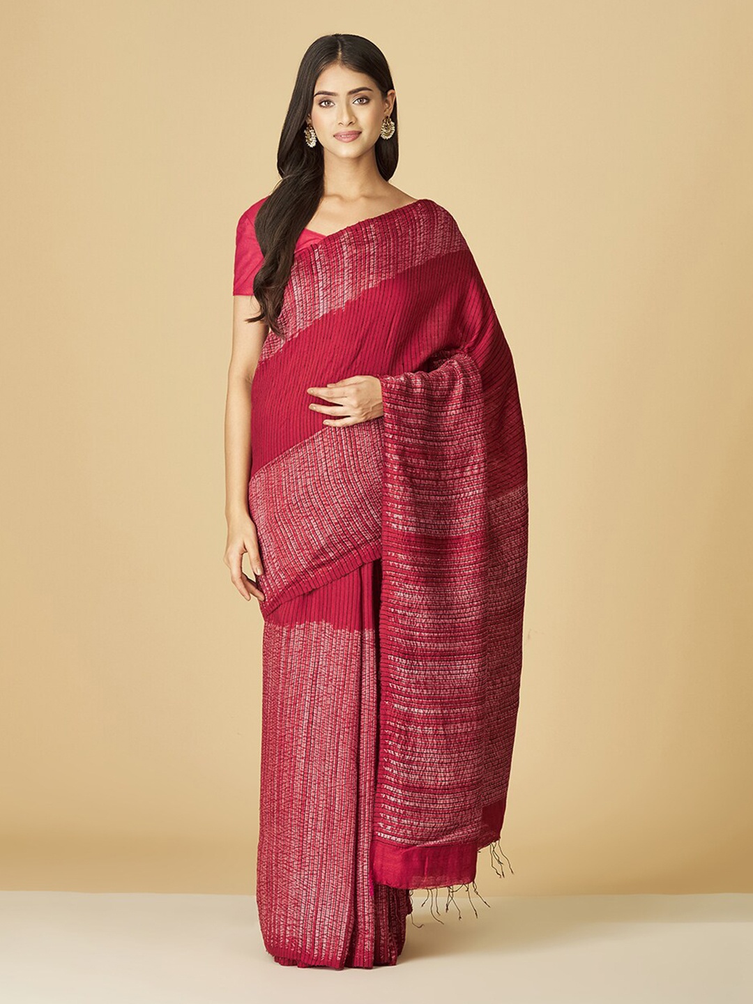 

Fabindia Striped Silk Saree, Red