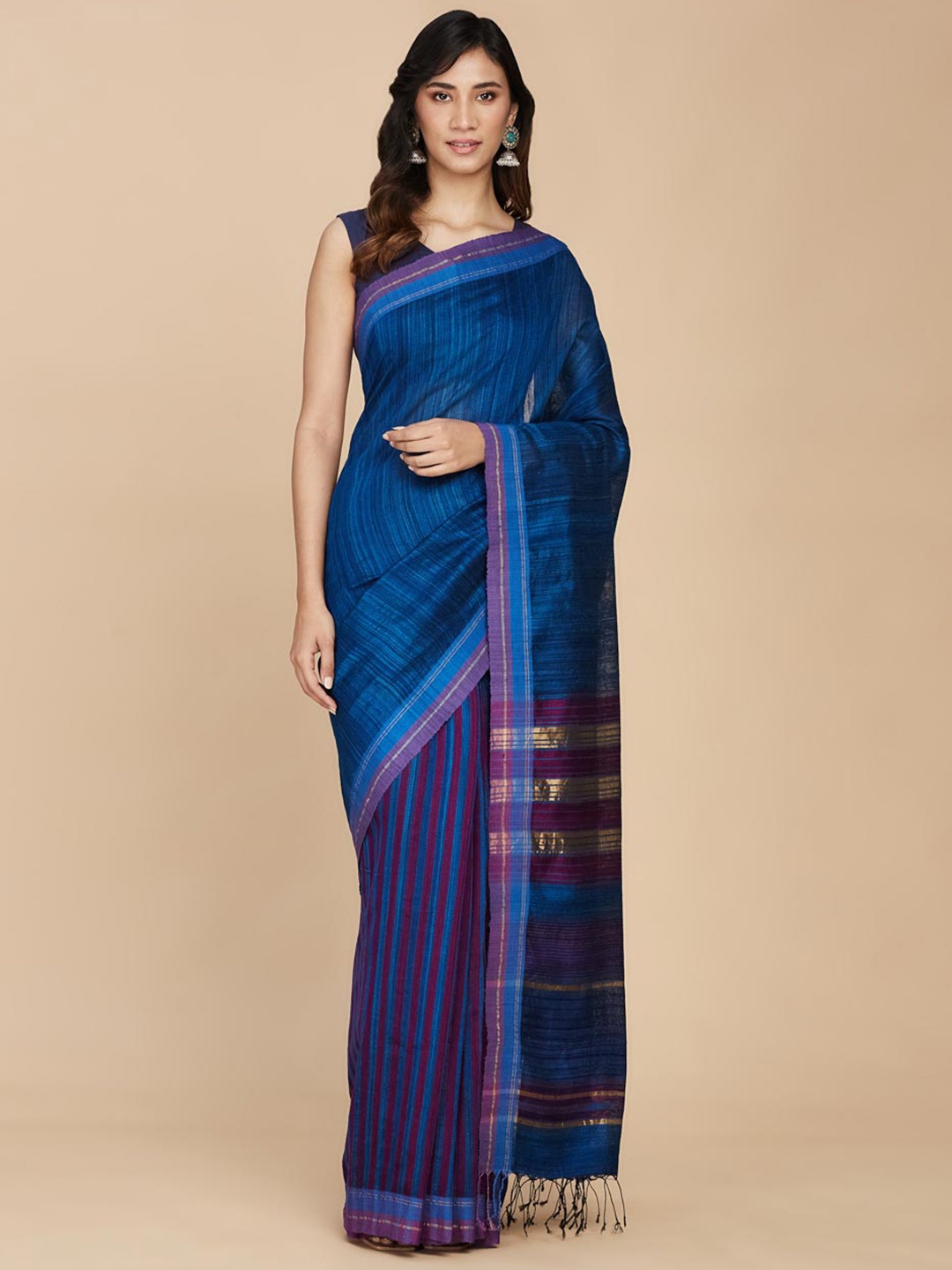 

Fabindia Striped Zari Pure Silk Saree, Navy blue