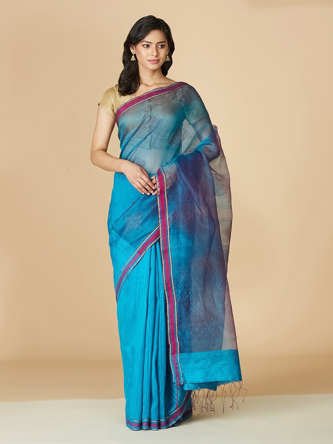 

Fabindia Ethnic Motifs Sequinned Pure Silk Jamdani Saree, Turquoise blue
