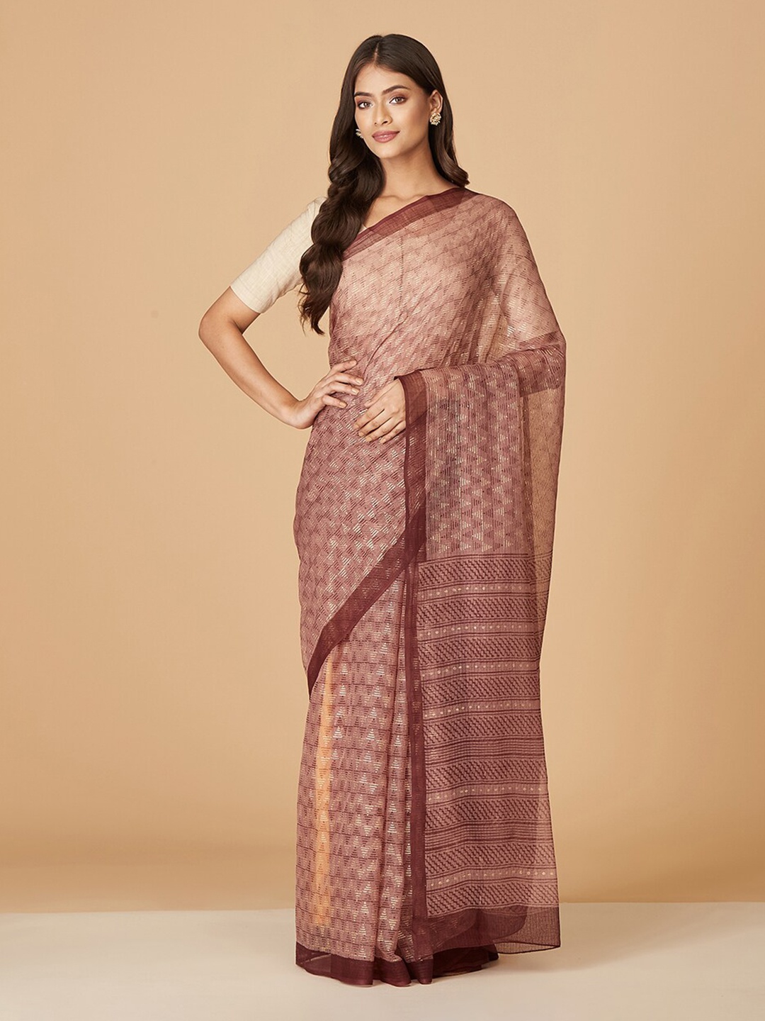 

Fabindia Geometric Block Printed Silk Cotton Jamdani Saree, Pink
