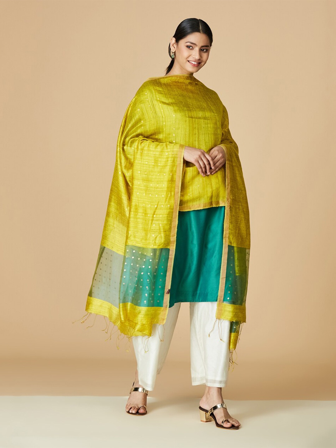 

Fabindia Sequinned Zari Silk Dupatta, Mustard