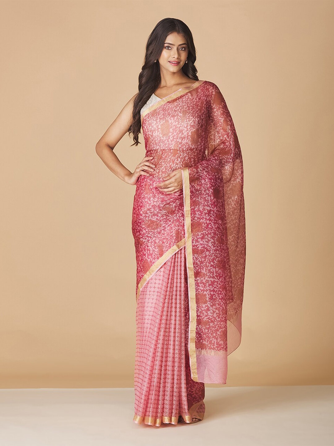

Fabindia Floral Printed Zari Pure Silk Saree, Pink