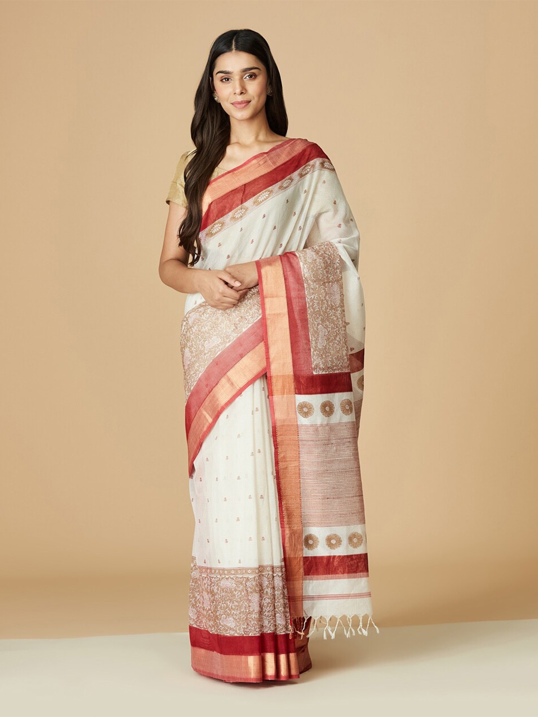 

Fabindia Floral Printed Zari Silk Cotton Block Print Saree, White