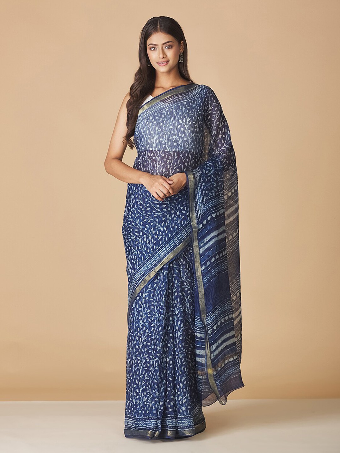 

Fabindia Floral Printed Zari Silk Saree, Blue