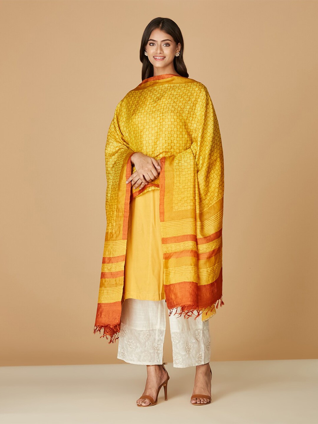 

Fabindia Floral Printed Silk Dupatta, Mustard