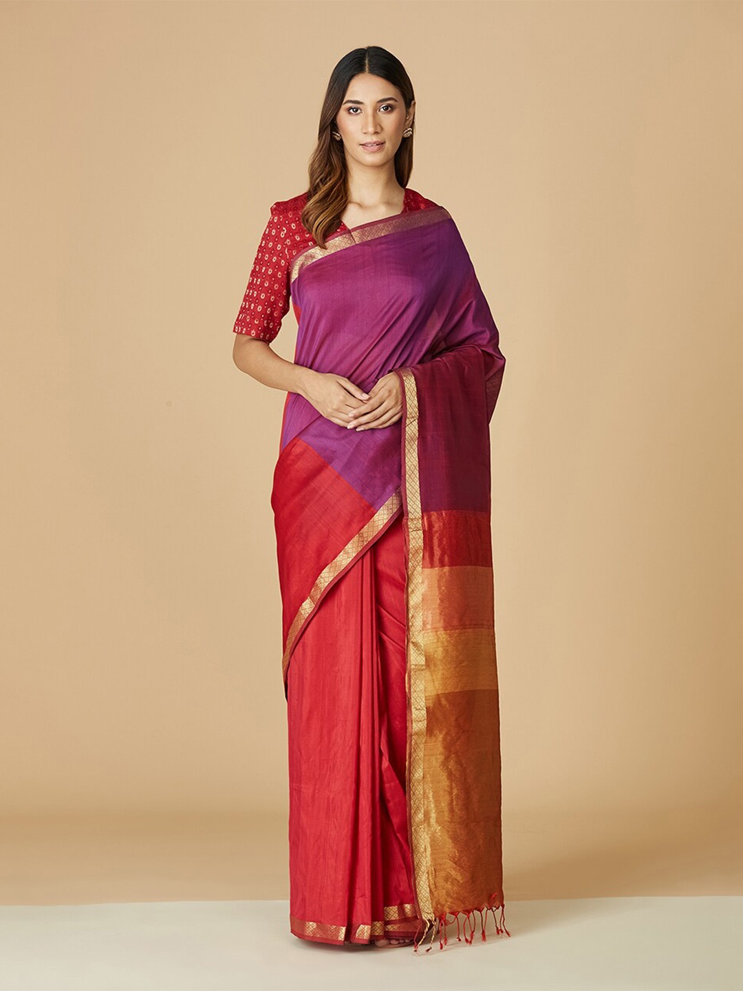 

Fabindia Colourblocked Zari Silk Cotton Maheshwari Saree, Purple