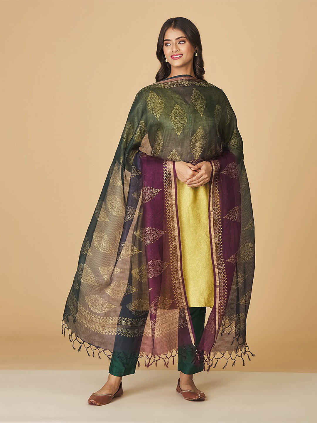 

Fabindia Ethnic Motifs Printed Silk Dupatta, Blue