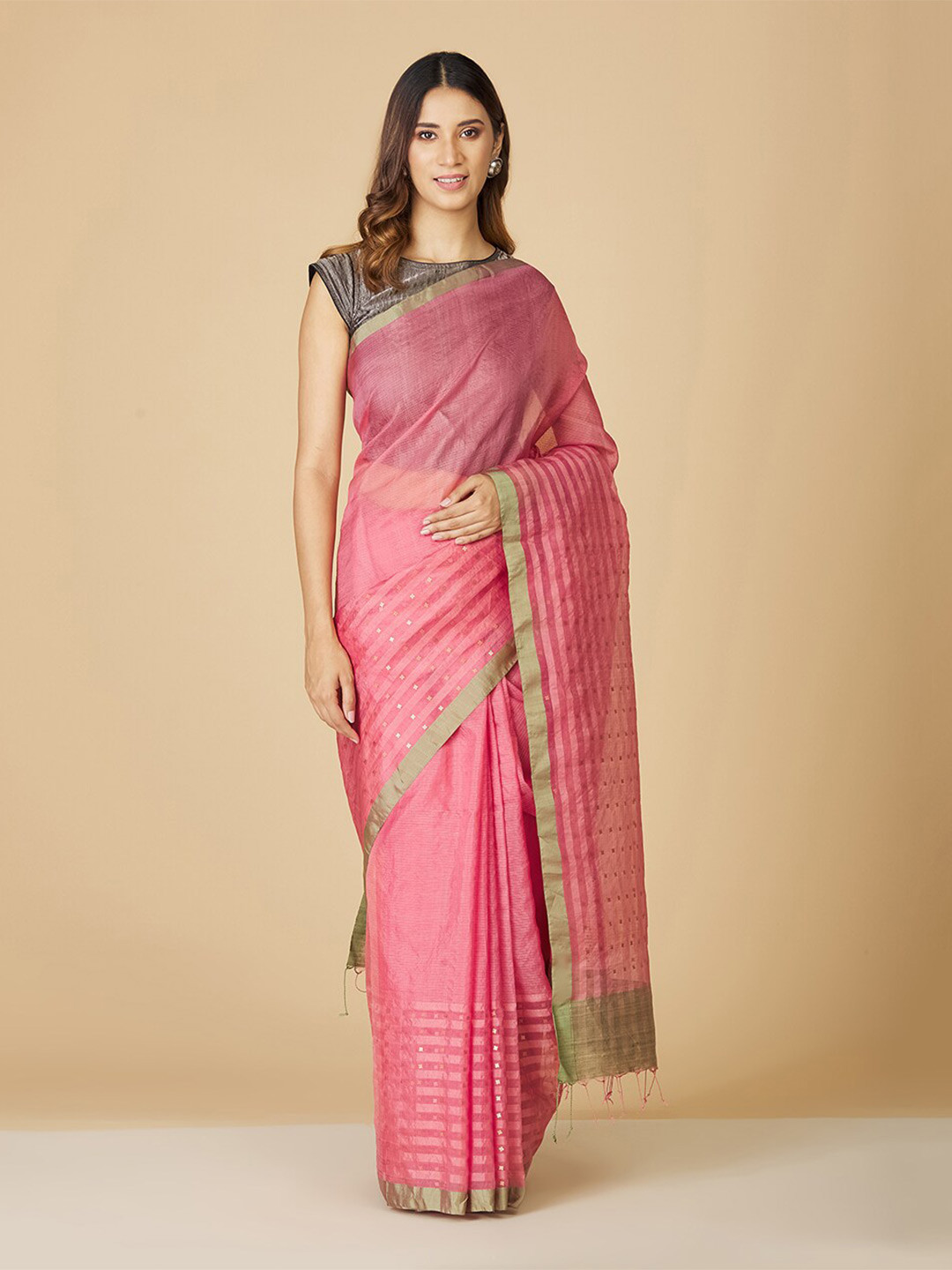 

Fabindia Striped Zari Pure Silk Jamdani Saree, Pink