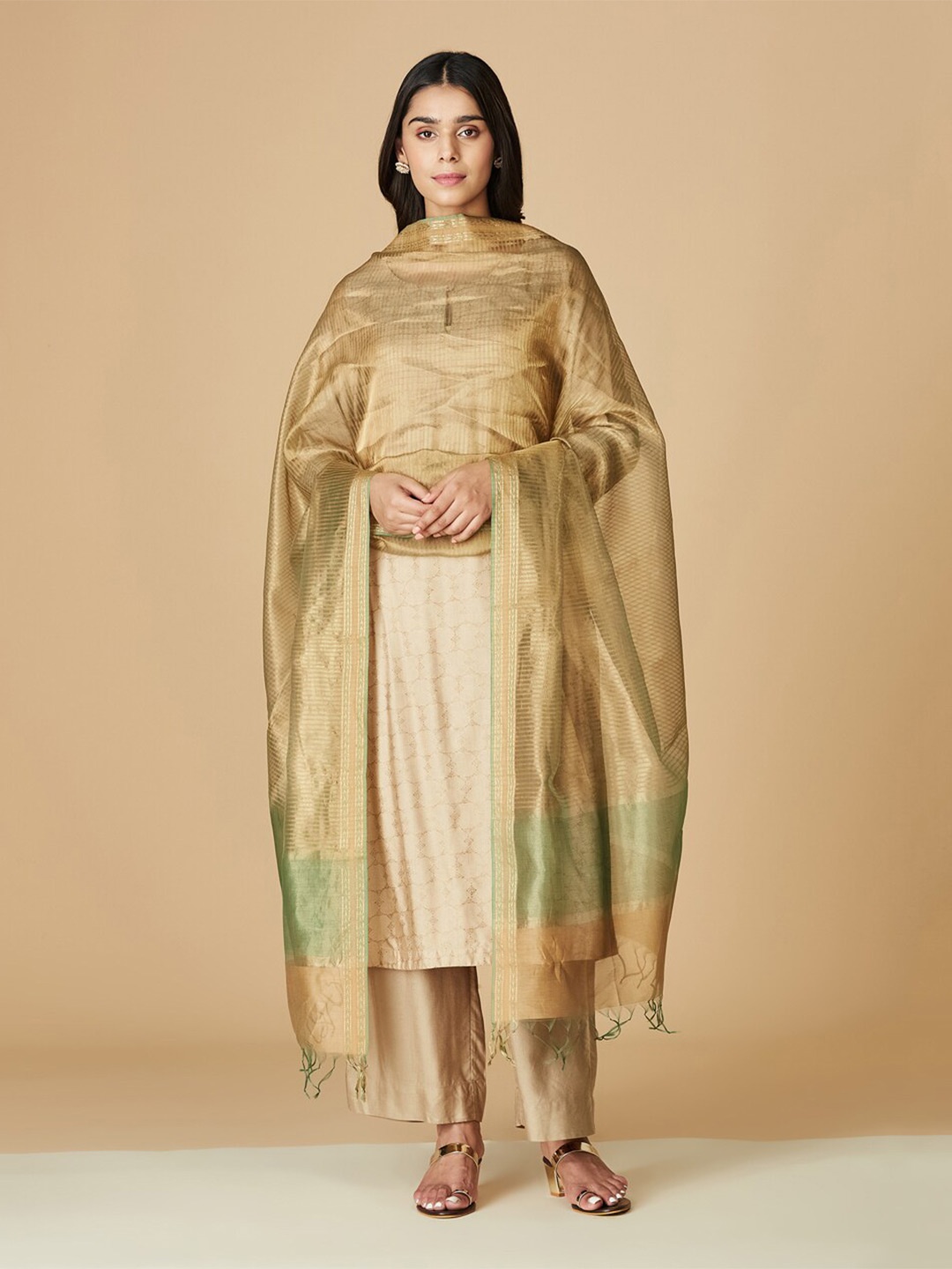 

Fabindia Woven Design Cotton Silk Dupatta with Zari, Green
