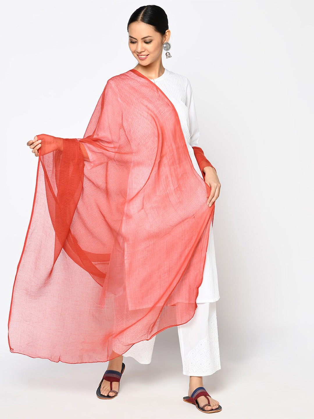 

Fabindia Cotton Silk Kota Woven Plain Dupatta, Red