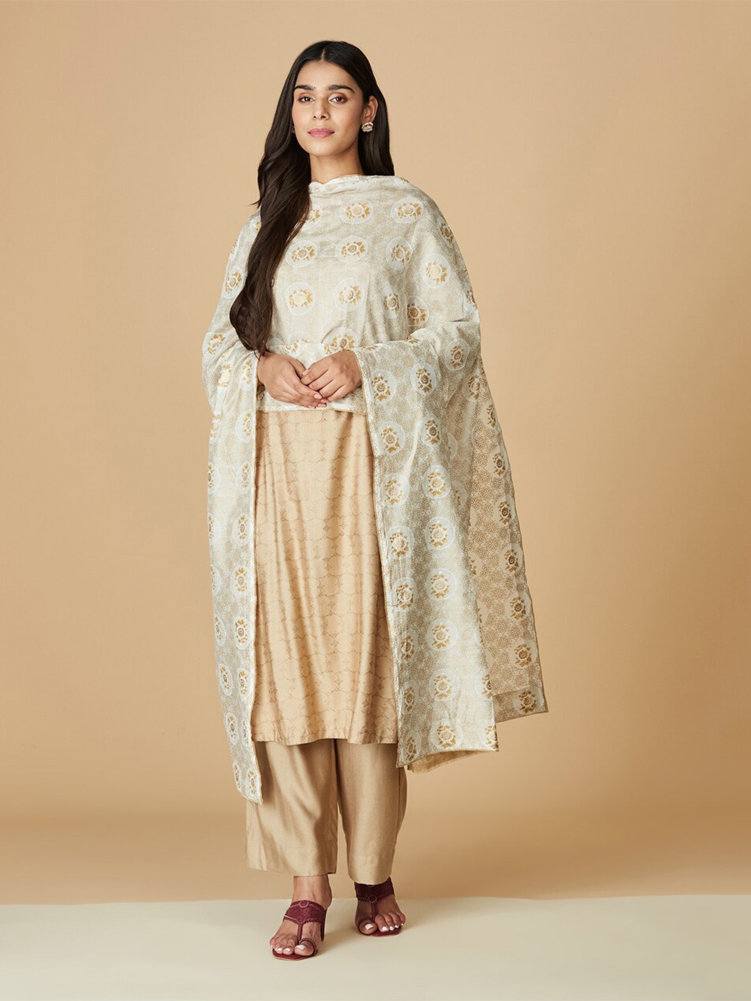 

Fabindia Ethnic Motifs Printed Cotton Silk Dupatta, Off white