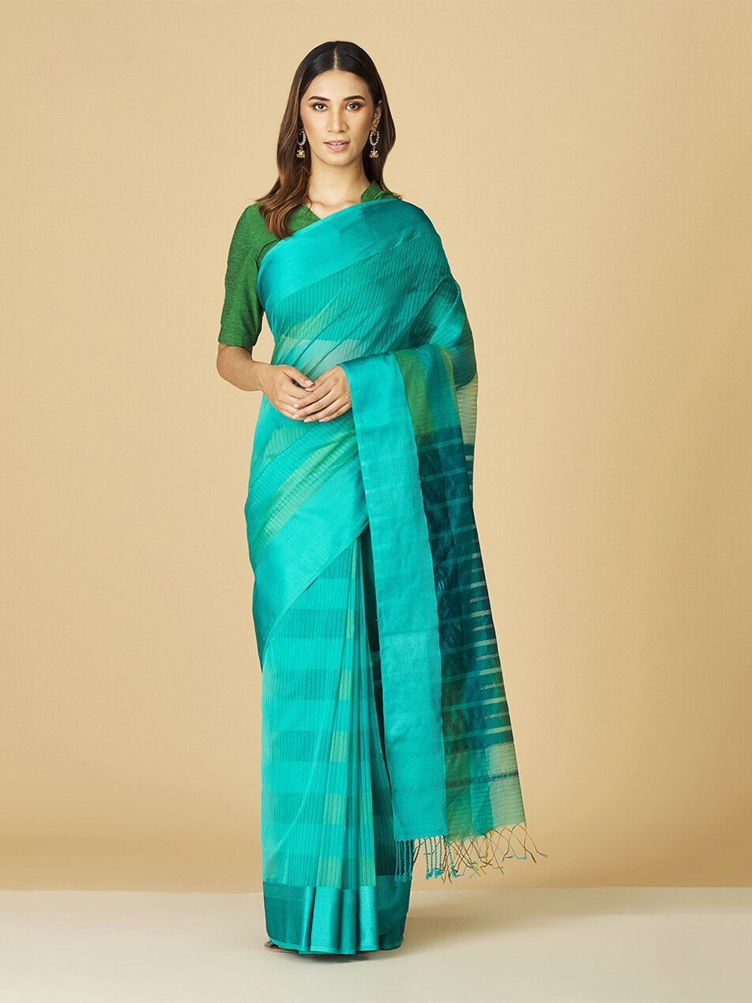 

Fabindia Striped Silk Cotton Maheshwari Saree, Blue