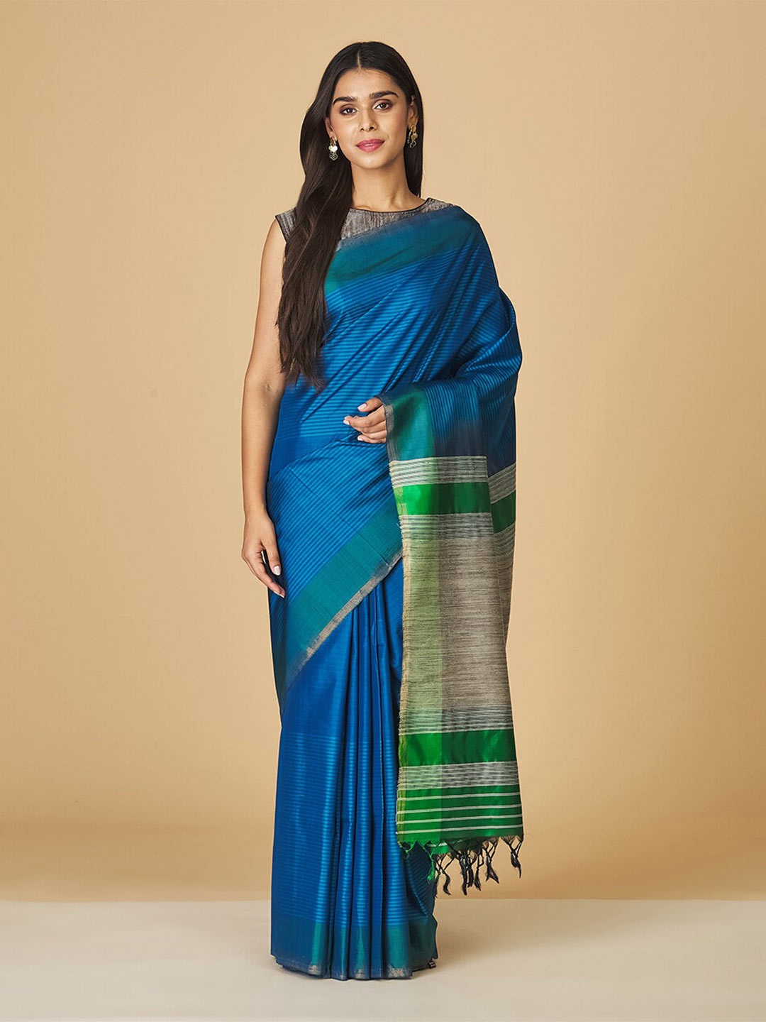 

Fabindia Striped Zari Silk Saree, Teal