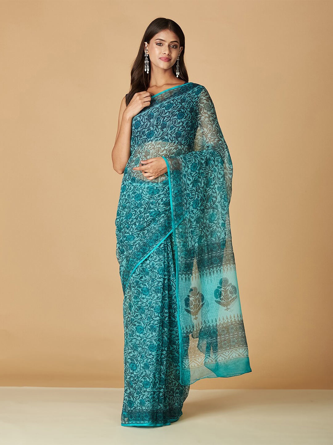 

Fabindia Floral Printed Silk Cotton Saree, Blue