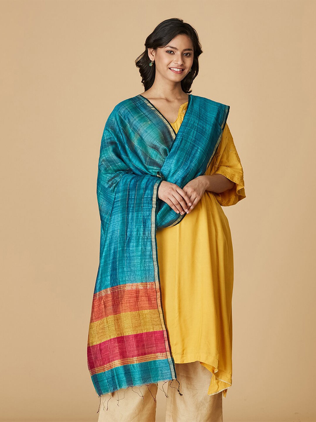 

Fabindia Striped Woven Design Silk Dupatta, Turquoise blue