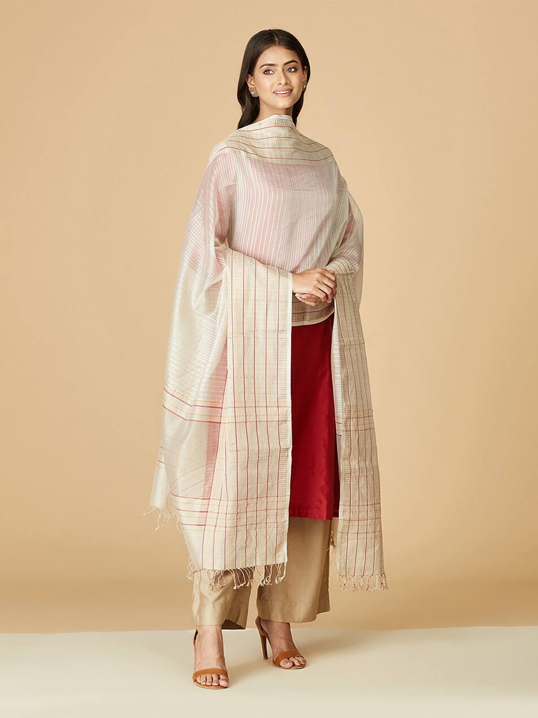 

Fabindia Striped Cotton Silk Dupatta, Off white