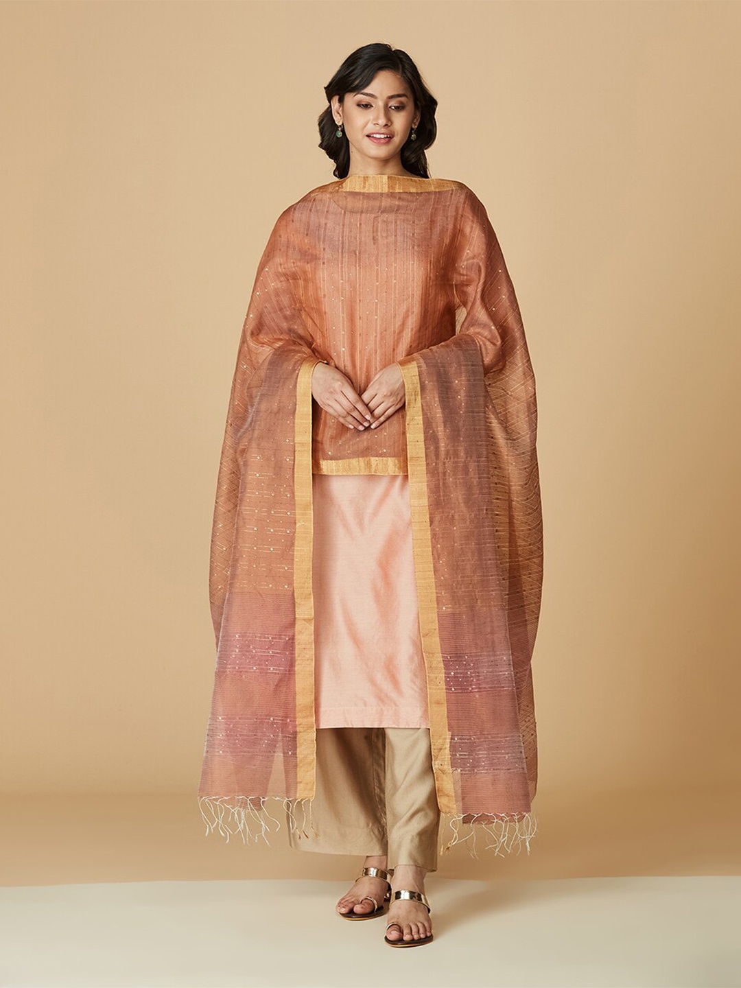 

Fabindia Ethnic Motifs Embroidered Sequinned Dupatta, Brown