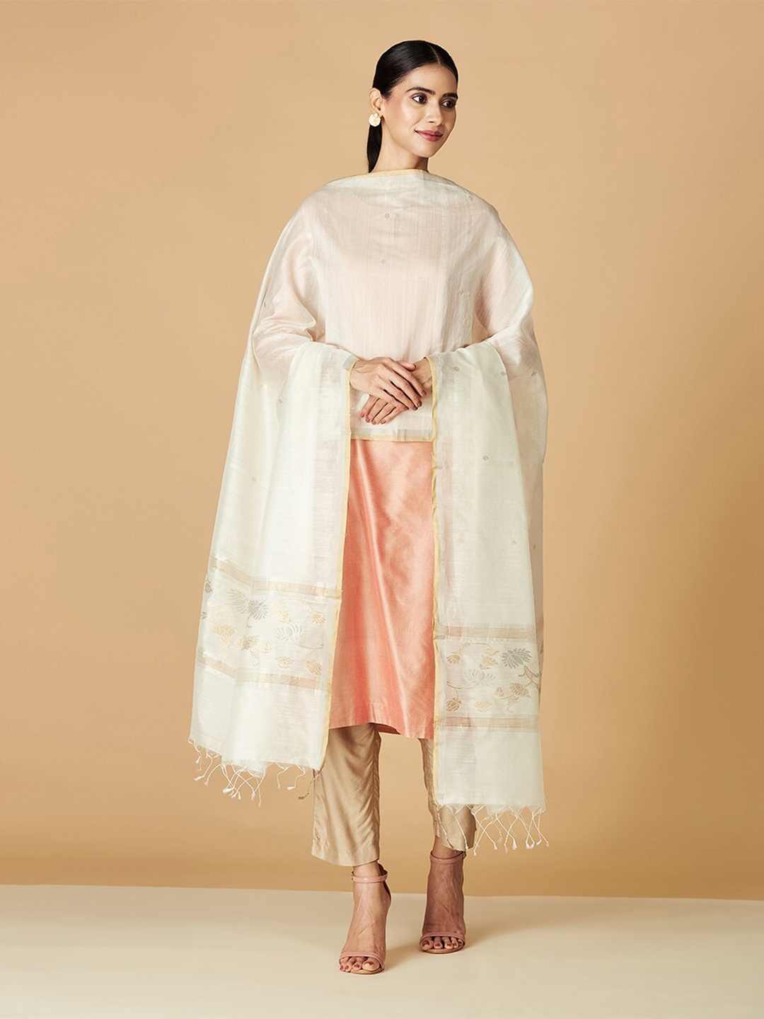 

Fabindia Ethnic Motifs Woven Design Cotton Silk Dupatta with Zari, Off white