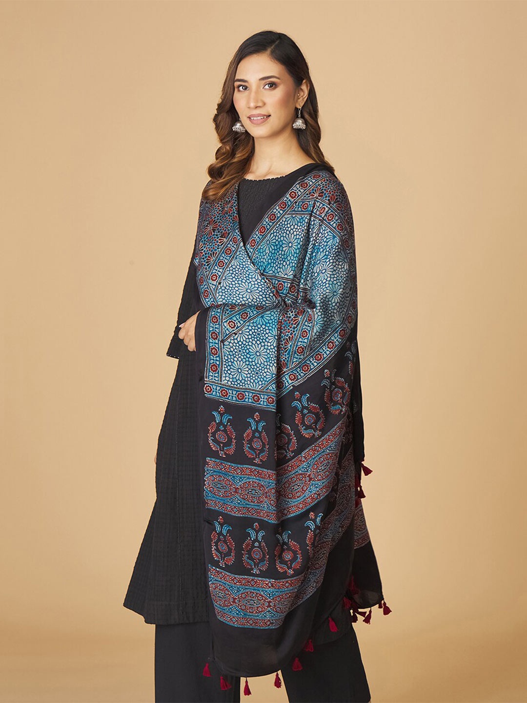 

Fabindia Ethnic Motifs Printed Tasselled Border Dupatta, Blue