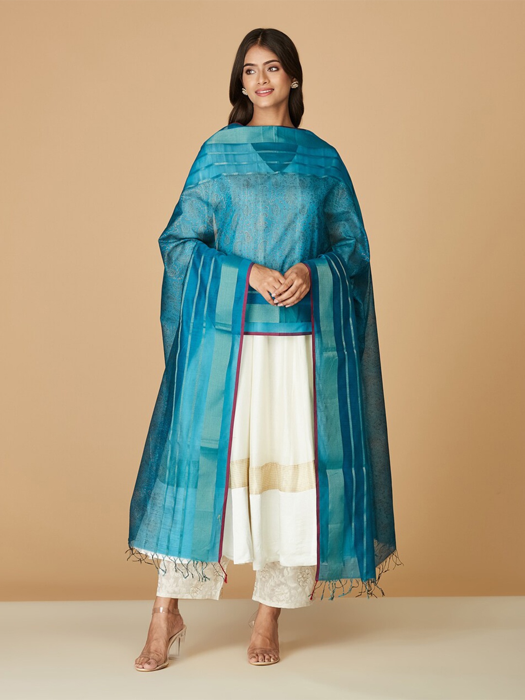 

Fabindia Paisley Printed Cotton Silk Dupatta with Zari, Turquoise blue