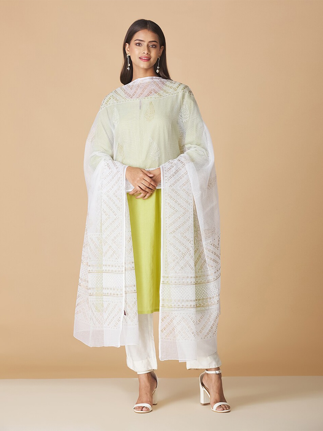 

Fabindia Ethnic Motifs Printed Cotton Silk Dupatta, White