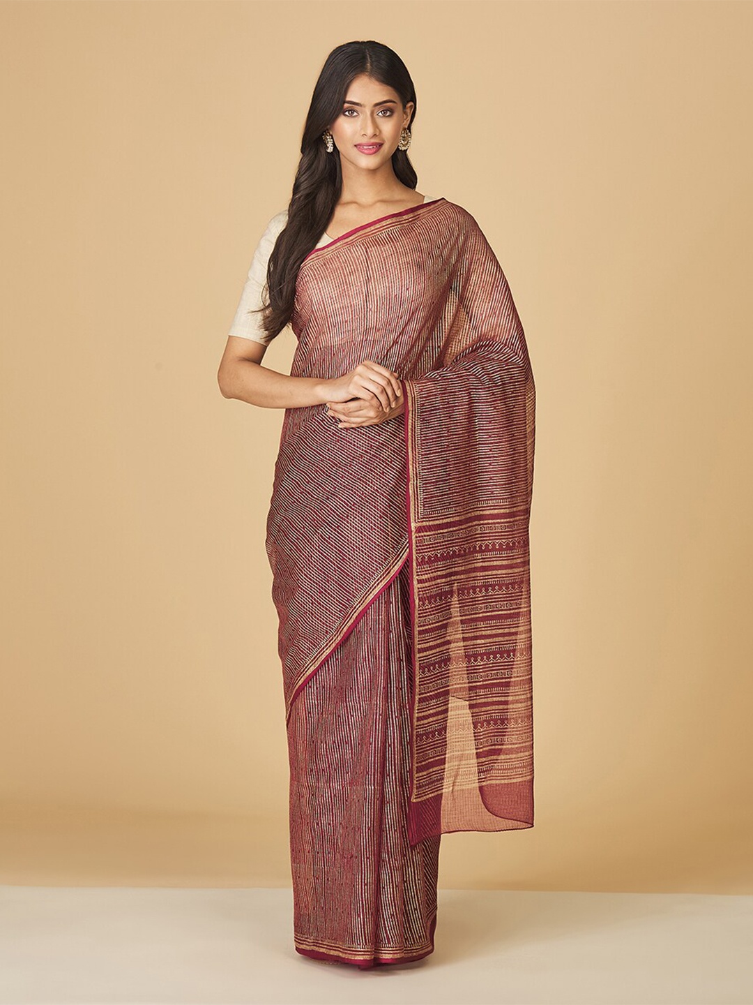

Fabindia Striped Silk Cotton Saree, Red