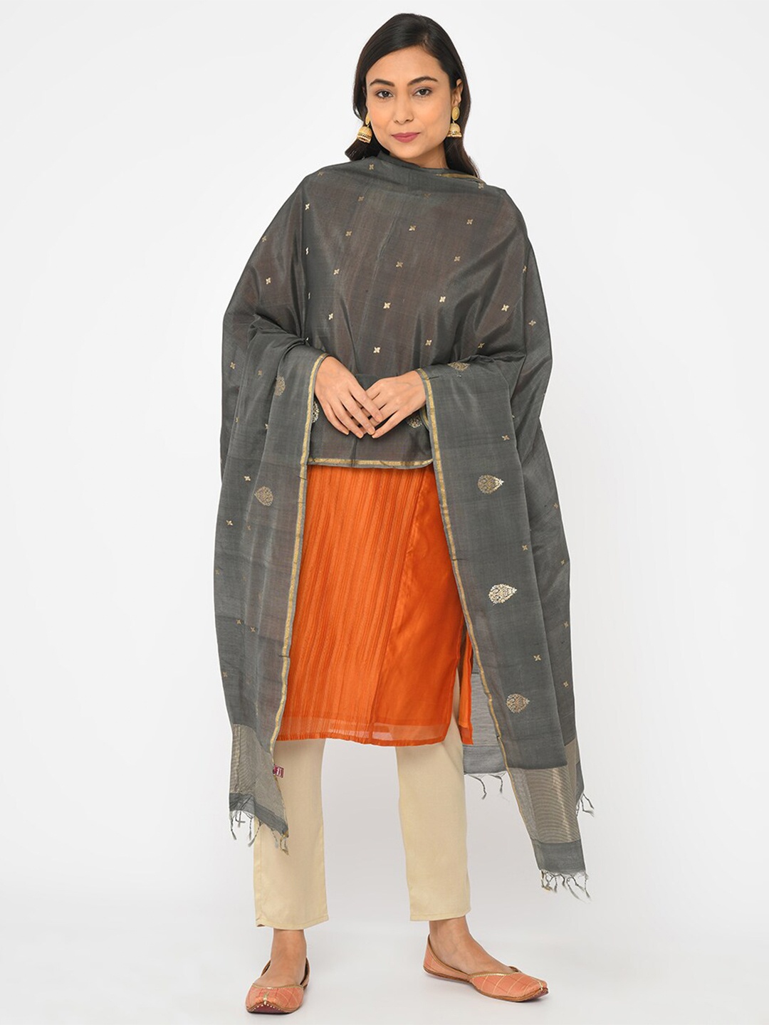 

Fabindia Ethnic Motifs Woven Design Zari Cotton Silk Dupatta, Charcoal