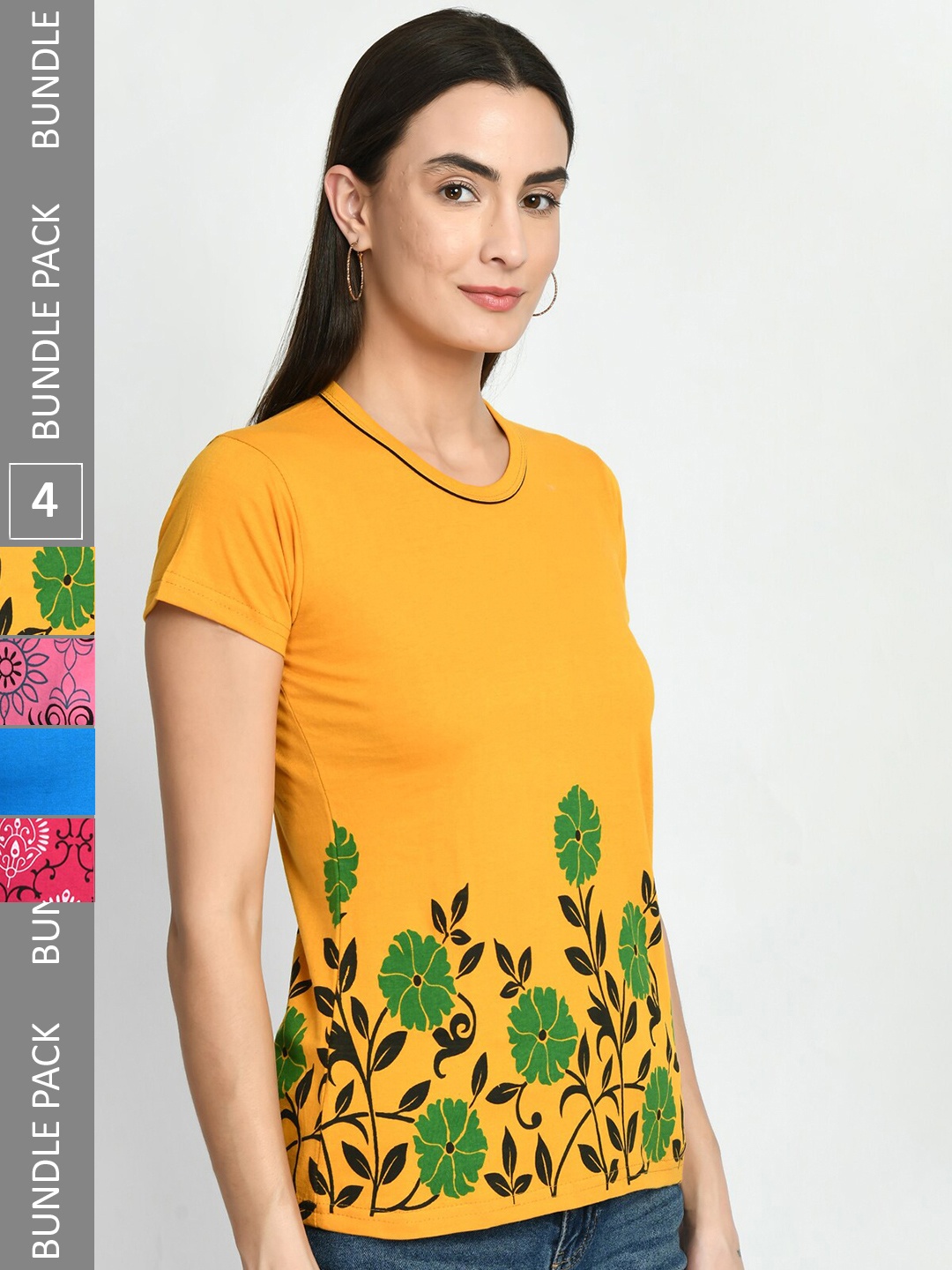 

IndiWeaves Pack Of 4 Printed Pure Cotton T-Shirt, Mustard