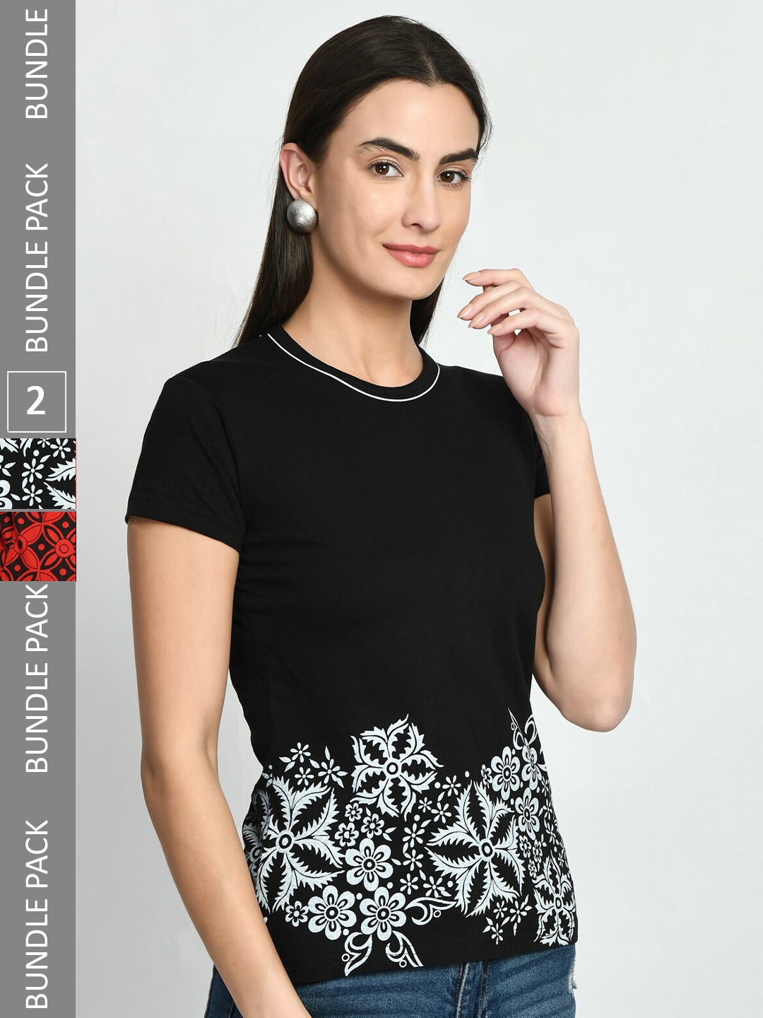 

IndiWeaves Pack Of 2 Printed Pure Cotton T-Shirt, Black