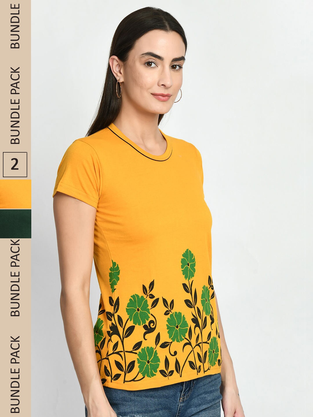 

IndiWeaves Pack Of 2 Printed Pure Cotton T-shirt, Mustard