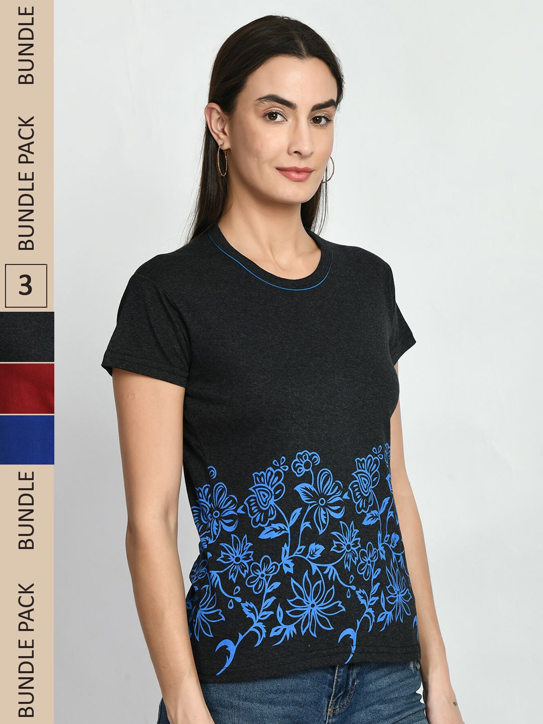 

IndiWeaves Pack Of 3 Printed Pure Cotton T-Shirt, Black