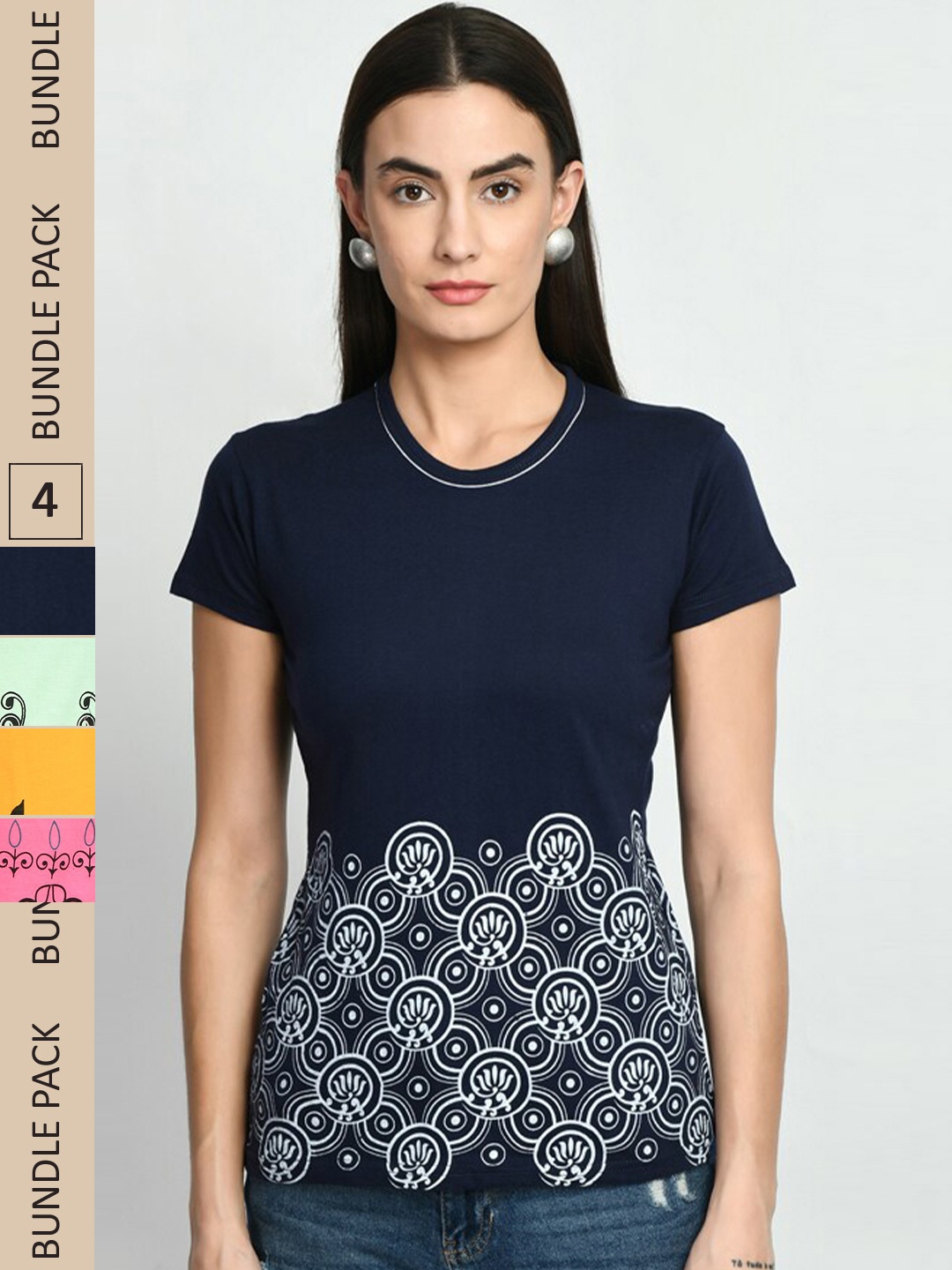 

IndiWeaves Pack Of 4 Printed Pure Cotton T-shirt, Navy blue