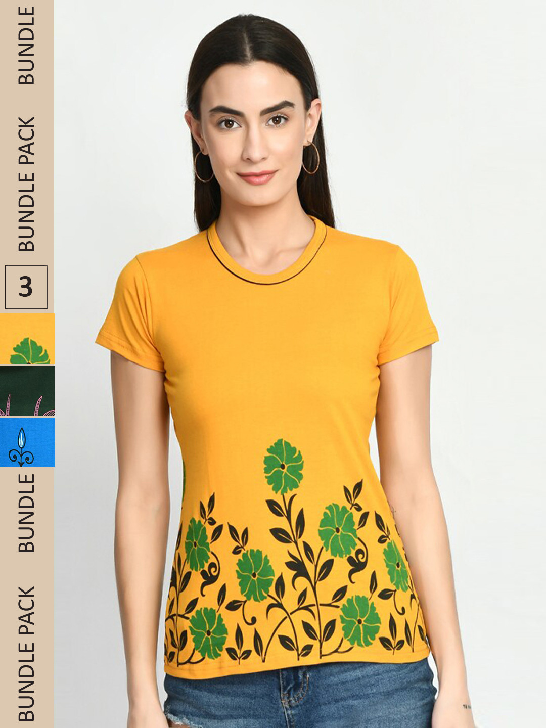 

IndiWeaves Pack of 3 Printed Pure Cotton T-shirts, Yellow