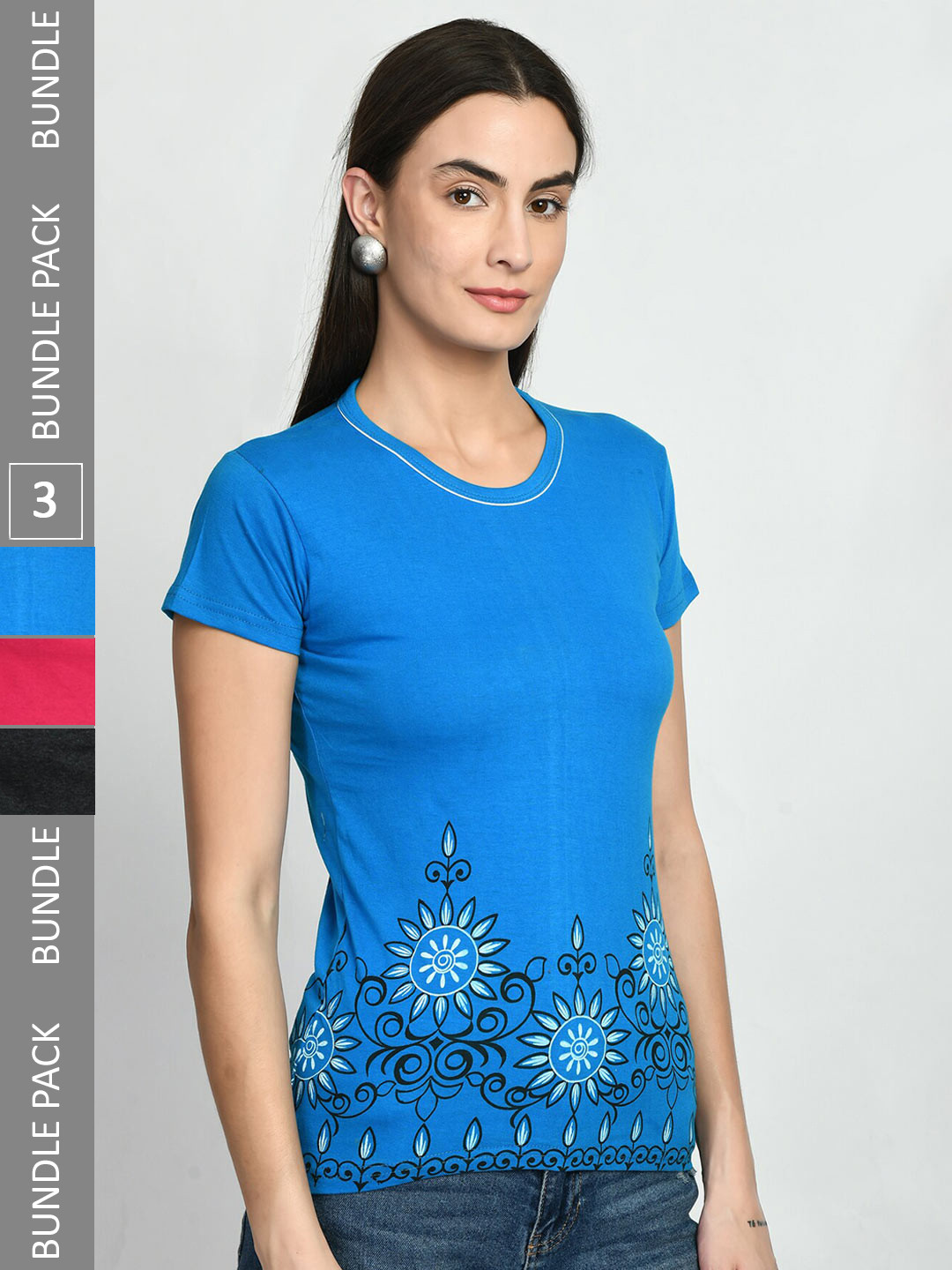 

IndiWeaves Pack Of 3 Printed Pure Cotton T-Shirt, Blue