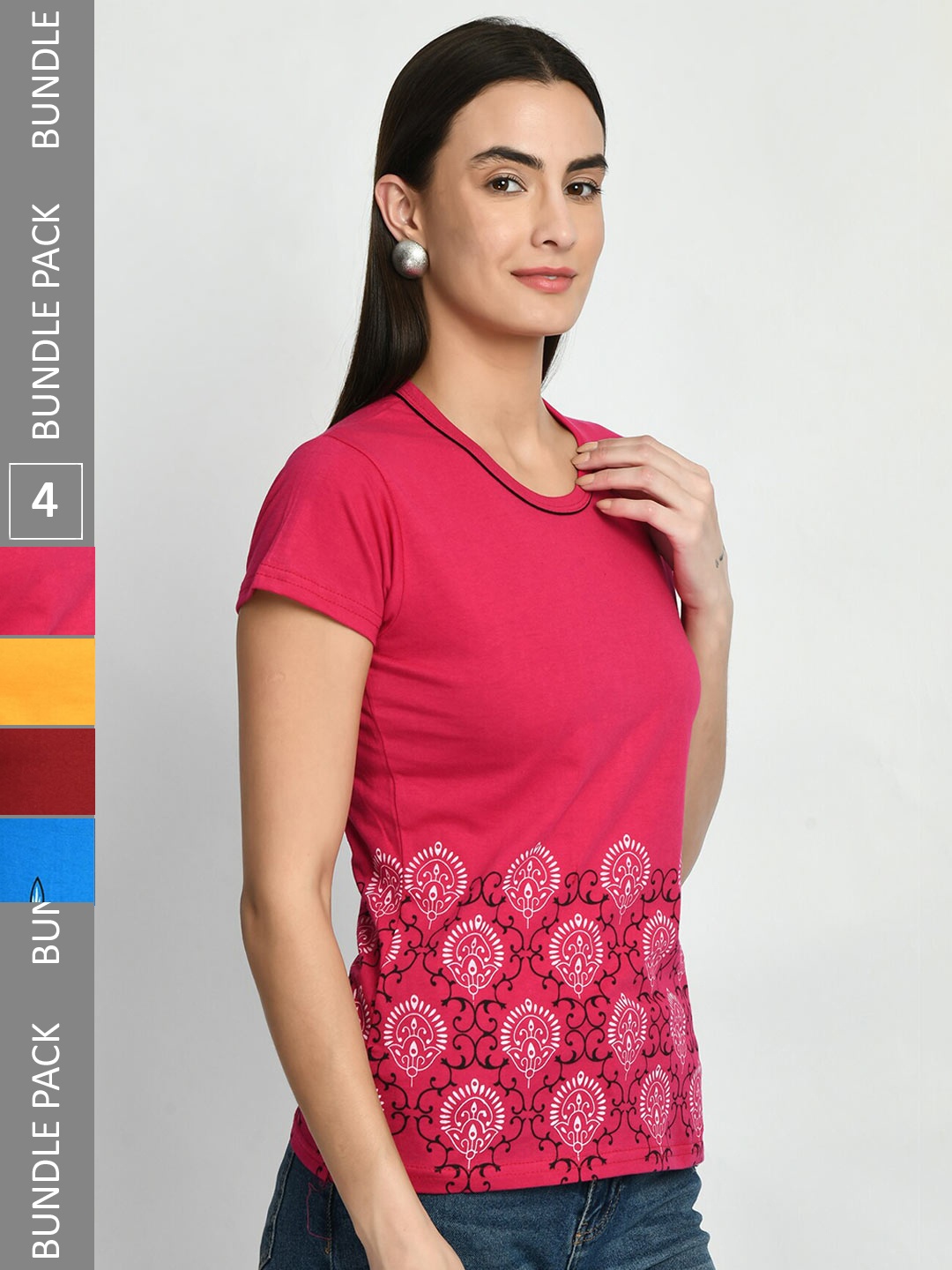

IndiWeaves Pack Of 4 Printed Pure Cotton T-Shirt, Pink