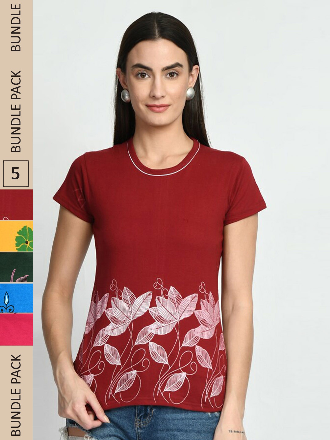 

IndiWeaves Pack Of 5 Printed Pure Cotton T-shirt, Maroon
