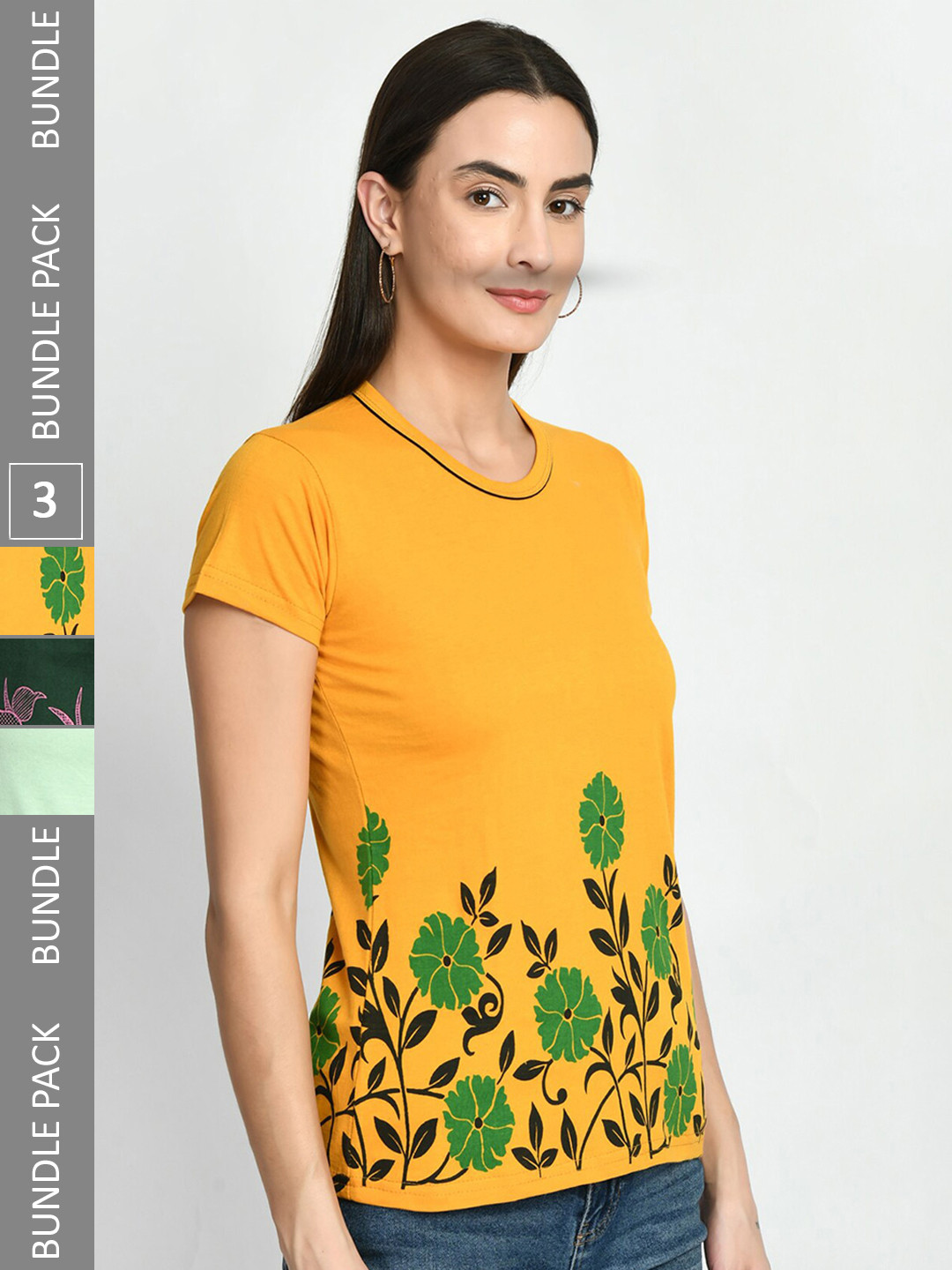 

IndiWeaves Pack Of 3 Printed Pure Cotton T-Shirt, Mustard