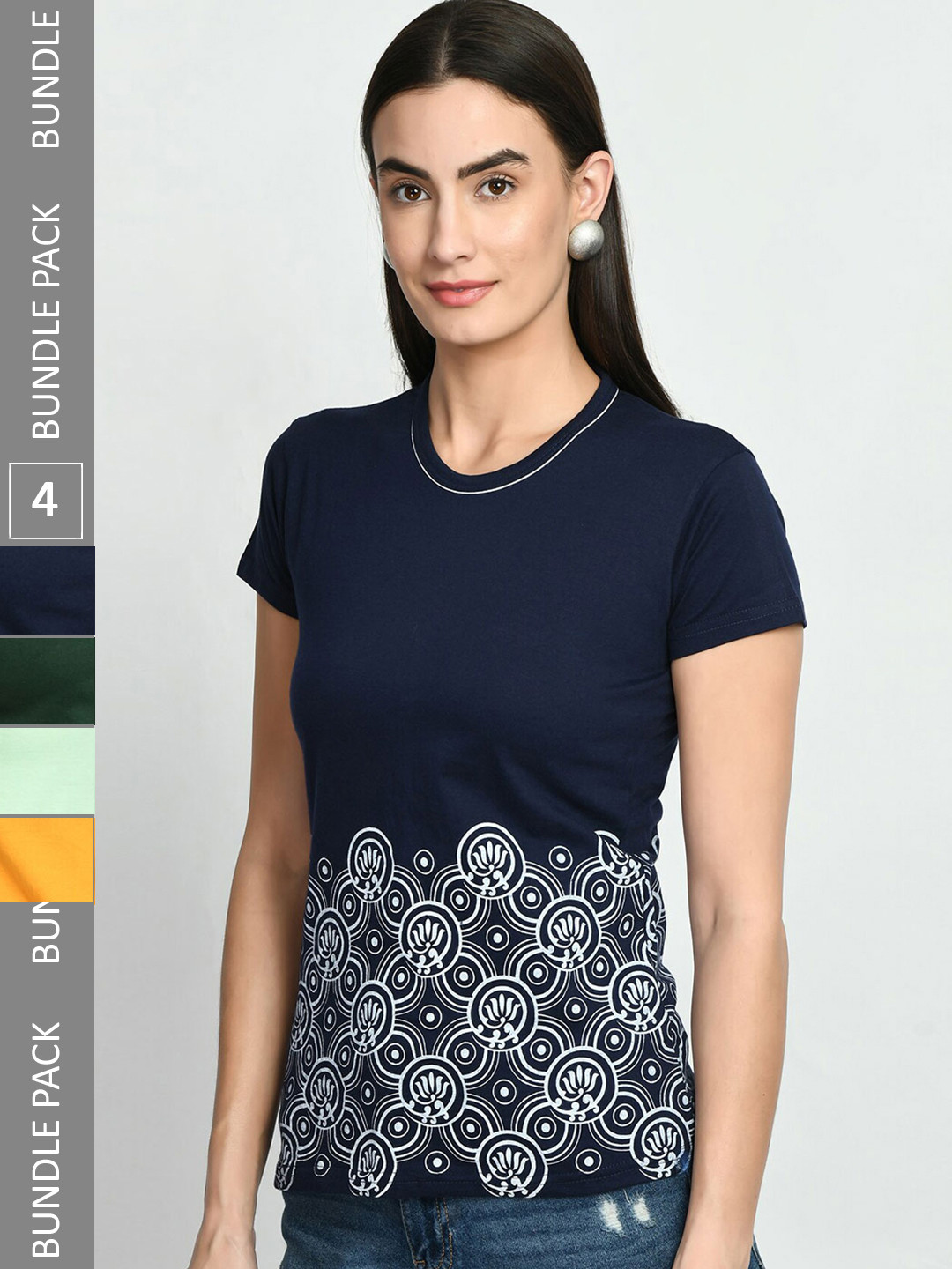 

IndiWeaves Pack Of 4 Printed Pure Cotton T-Shirt, Navy blue
