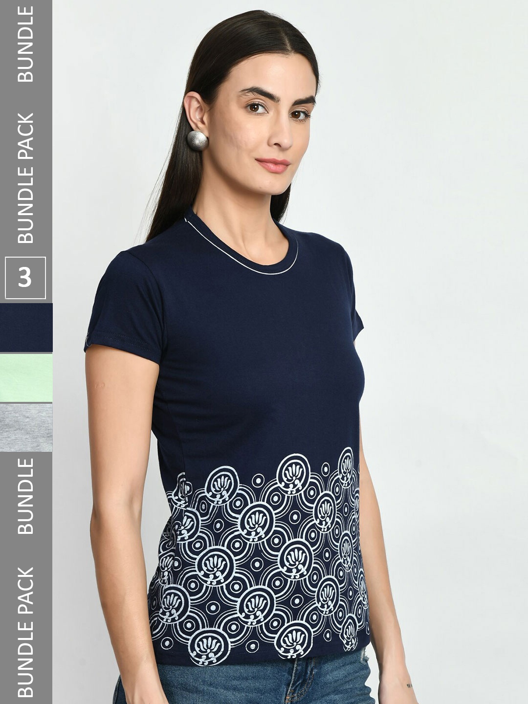 

IndiWeaves Pack Of 3 Printed Pure Cotton T-shirt, Navy blue