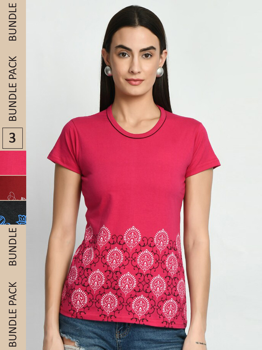 

IndiWeaves Pack Of 3 Printed Pure Cotton T-shirt, Pink