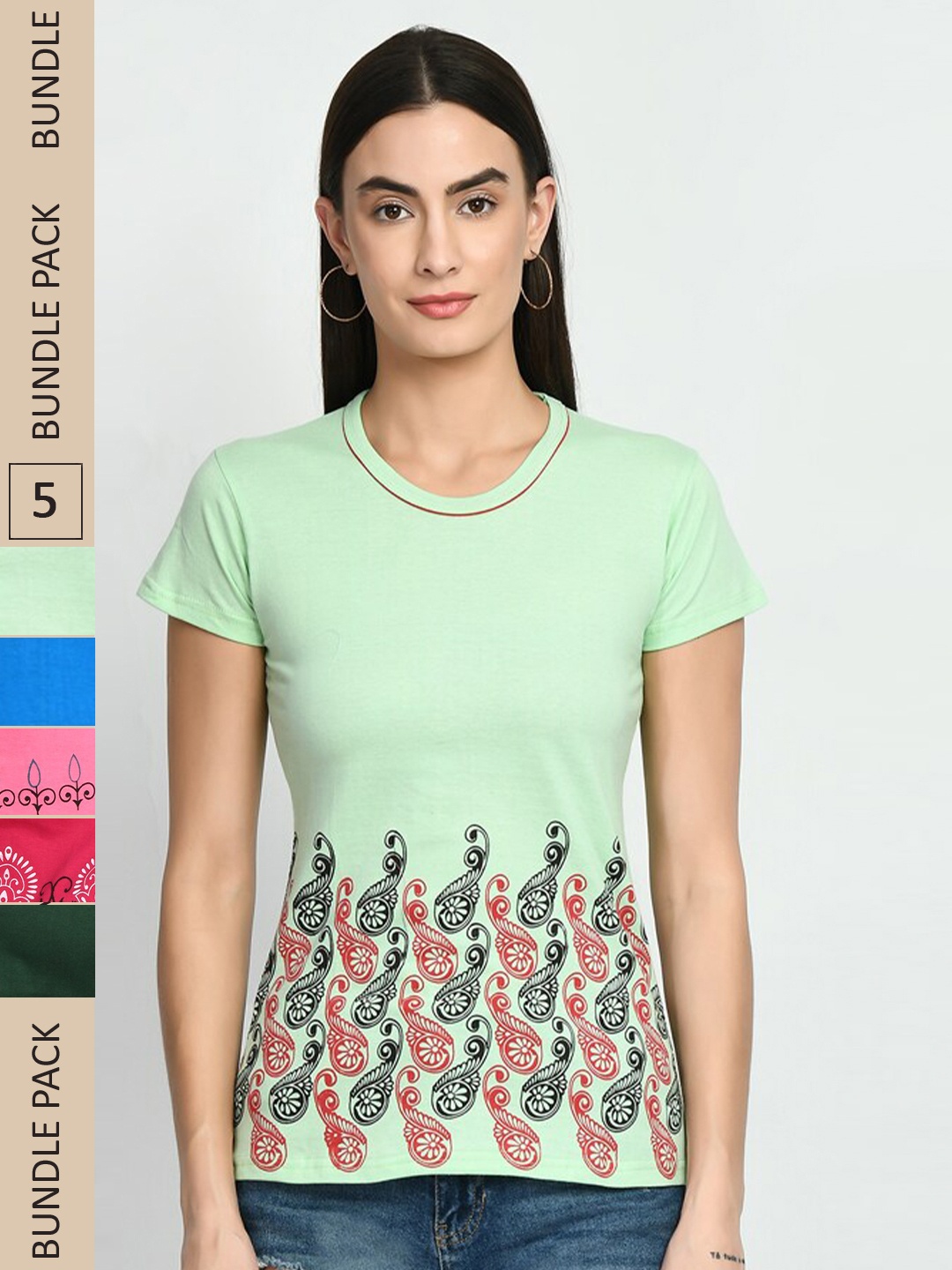 

IndiWeaves Pack of 5 Floral Printed Pure Cotton T-shirts, Green