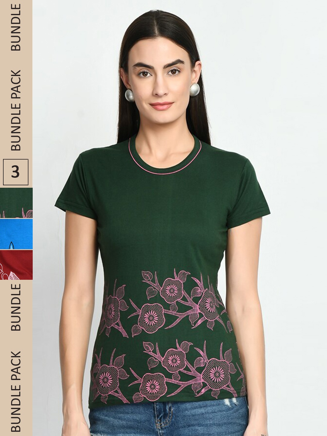 

IndiWeaves Pack Of 3 Printed Cotton T-shirt, Green