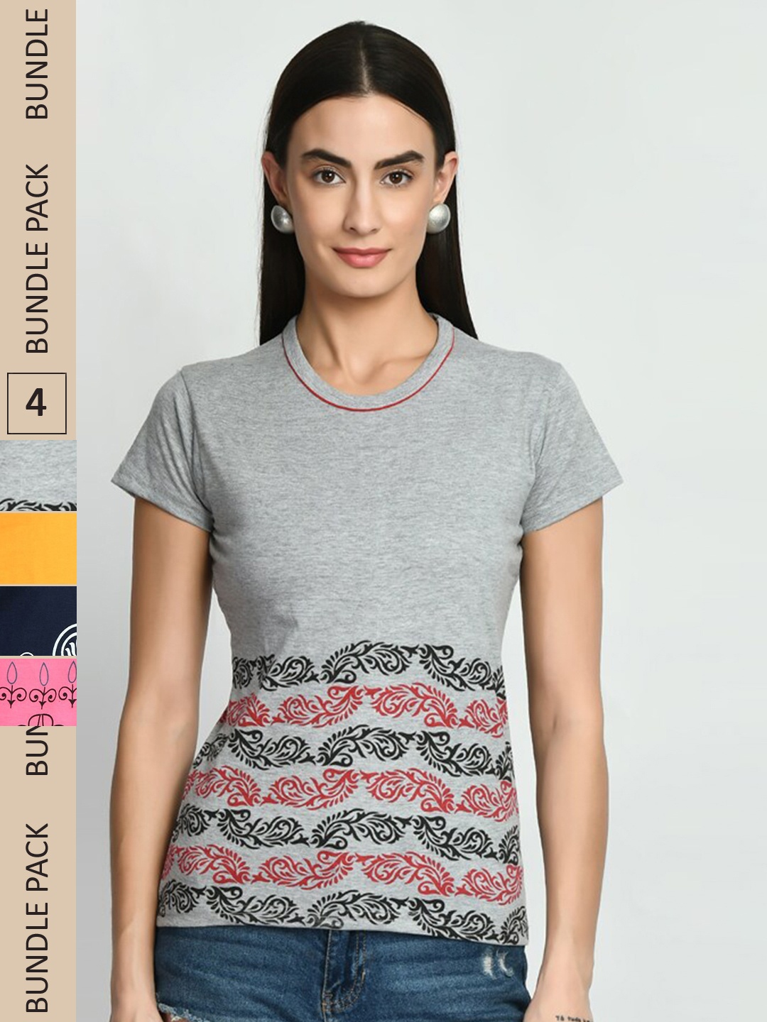 

IndiWeaves Pack Of 4 Printed Pure Cotton T-shirt, Grey