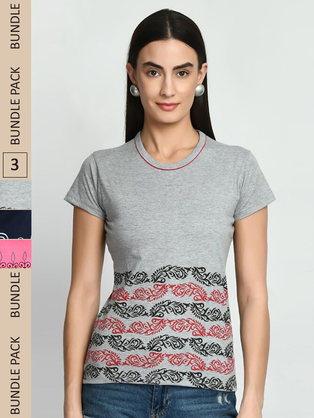 

IndiWeaves Pack Of 3 Printed Pure Cotton T-shirt, Grey