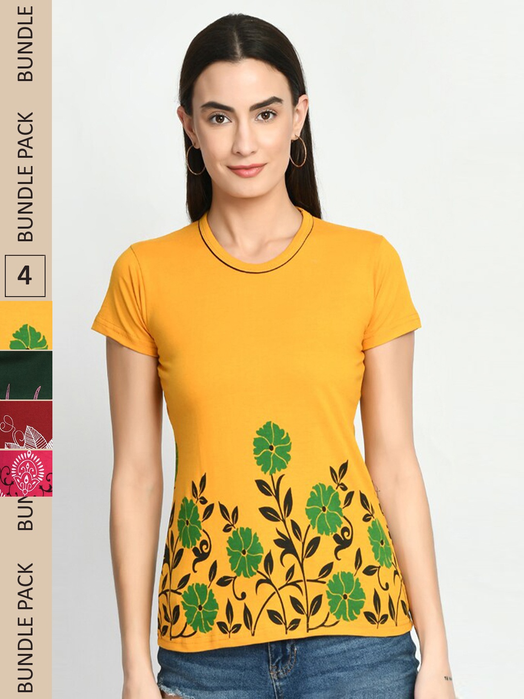 

IndiWeaves Pack of 4 Floral Printed Pure Cotton T-shirts, Yellow