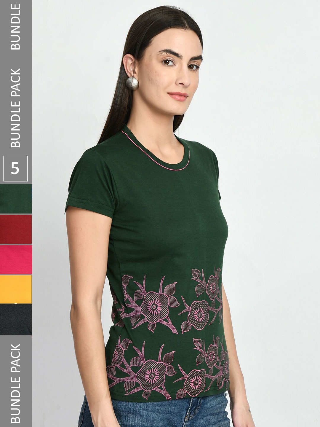 

IndiWeaves Pack Of 5 Printed Pure Cotton T-shirt, Olive